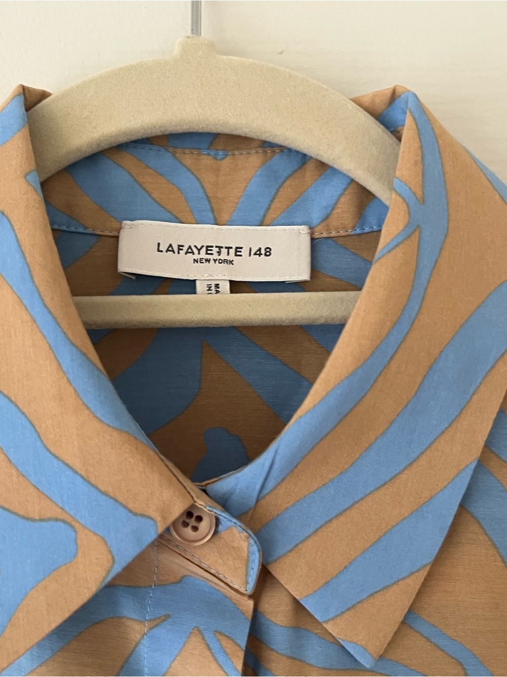 Lafayette 148 New York Ruxton Blue Tan Zebra XS Cotton Silk Blouse Office Chic - Picture 4 of 6